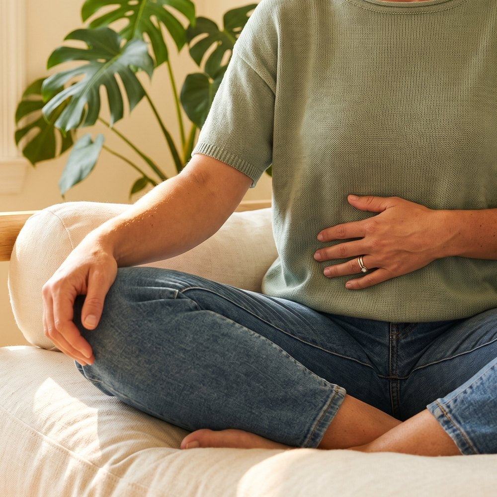 A hand resting on a calm stomach
